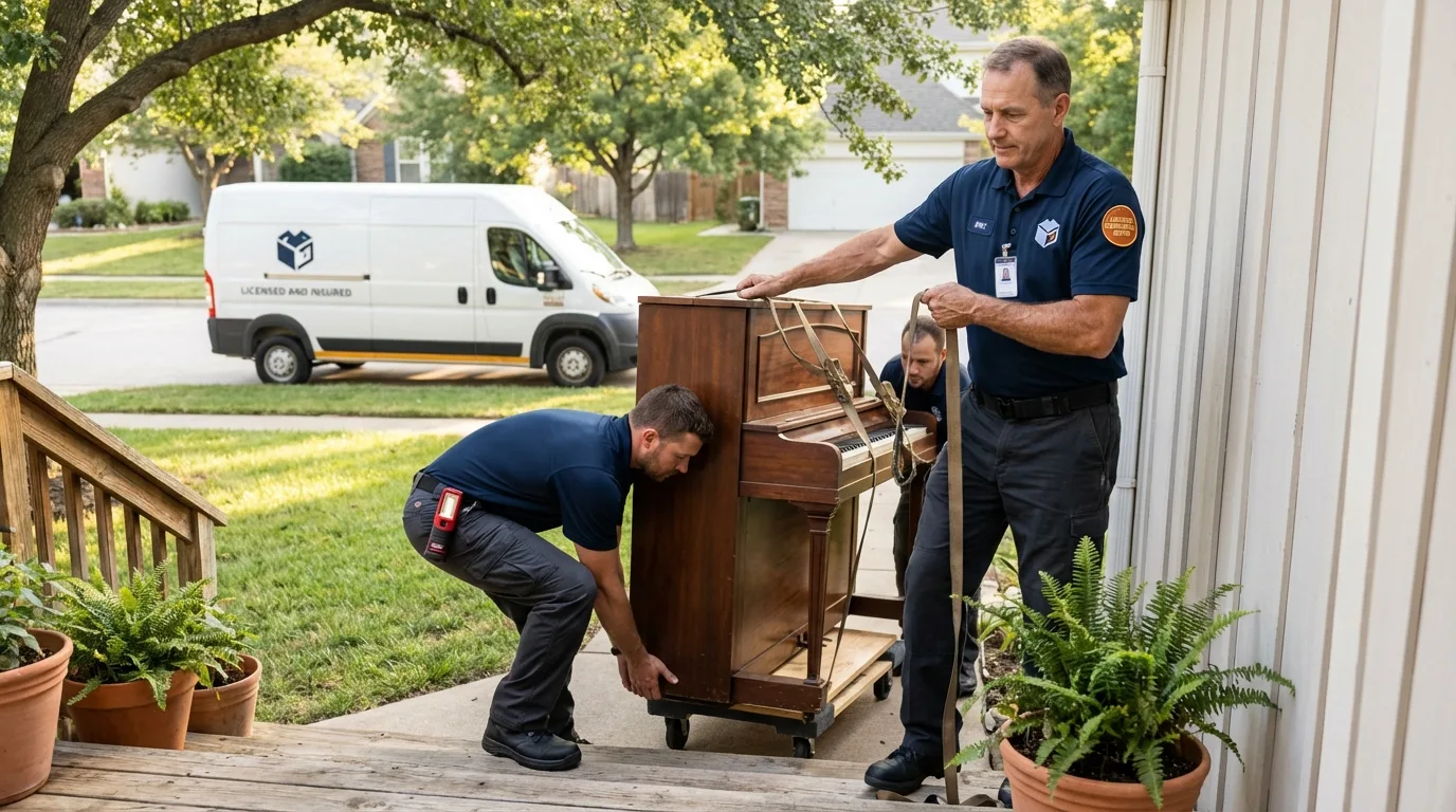 Licensed piano movers securing grand piano in Ronceverte, WV