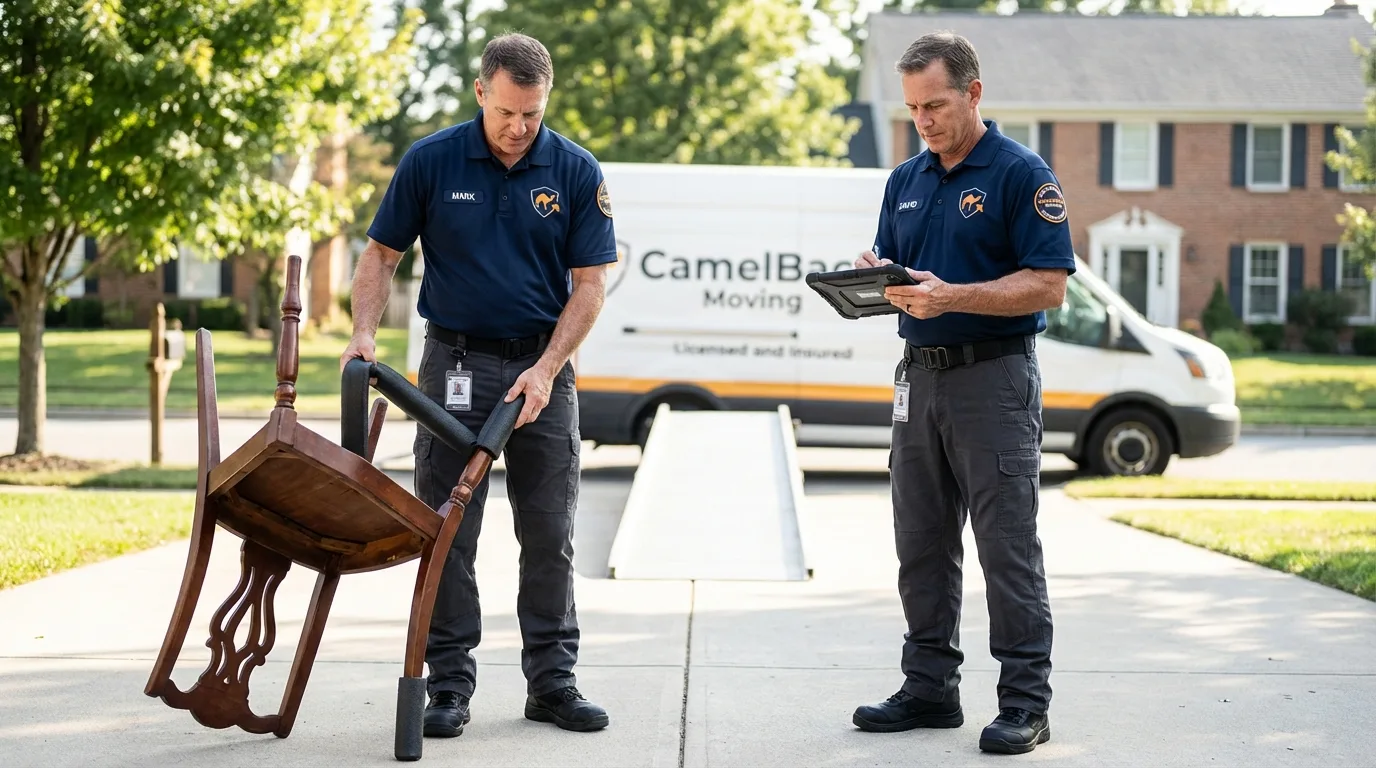 Movers inspecting furniture for damage prevention before loading in Ronceverte, WV