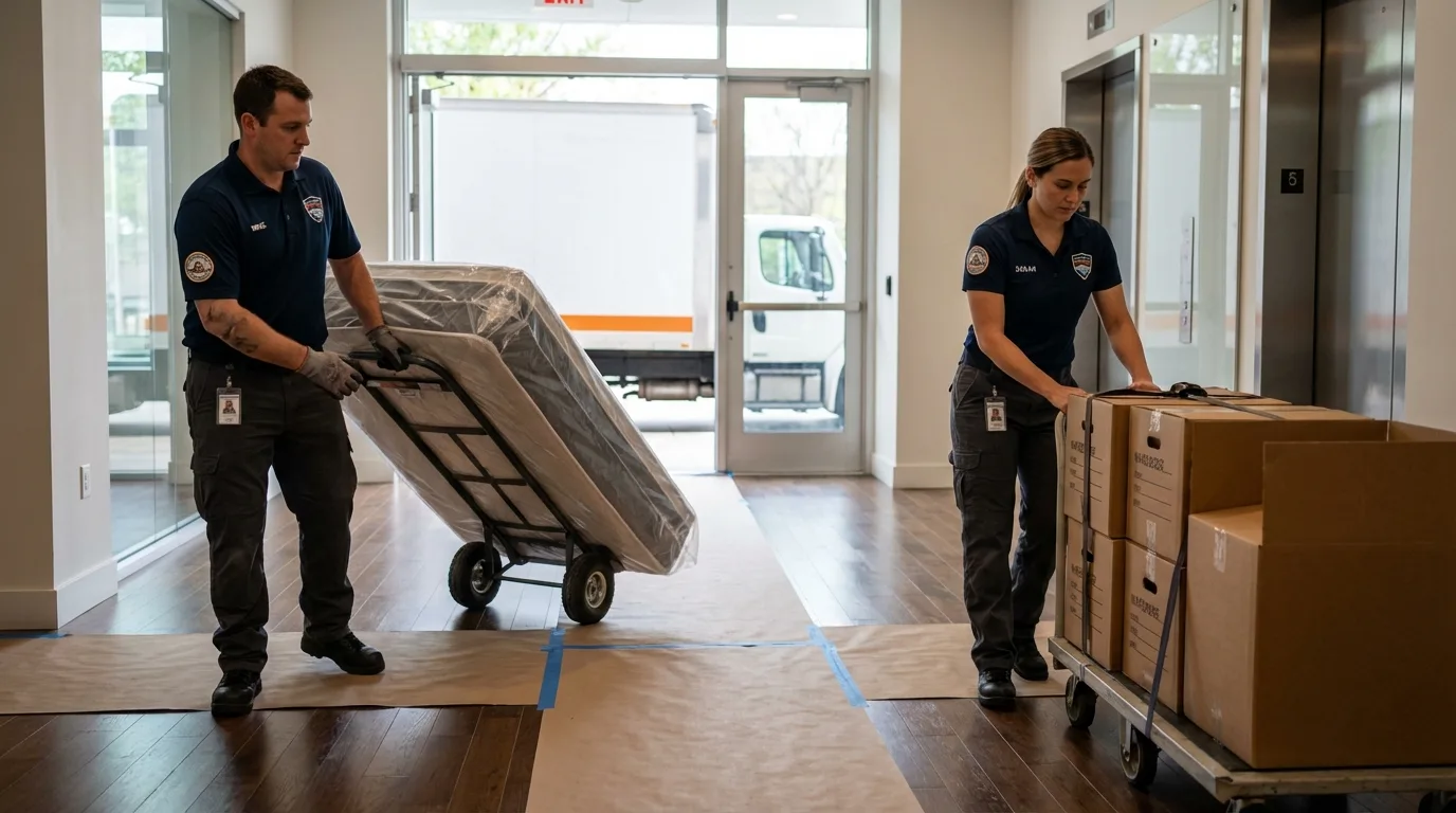 Professional apartment movers loading elevator in Ronceverte, WV