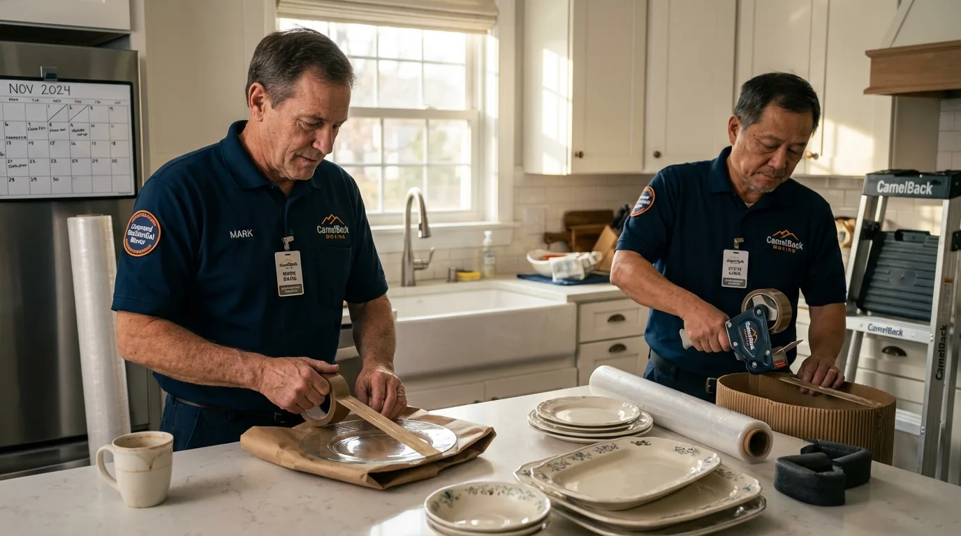Professional crew packing kitchen dishware in Ronceverte, WV